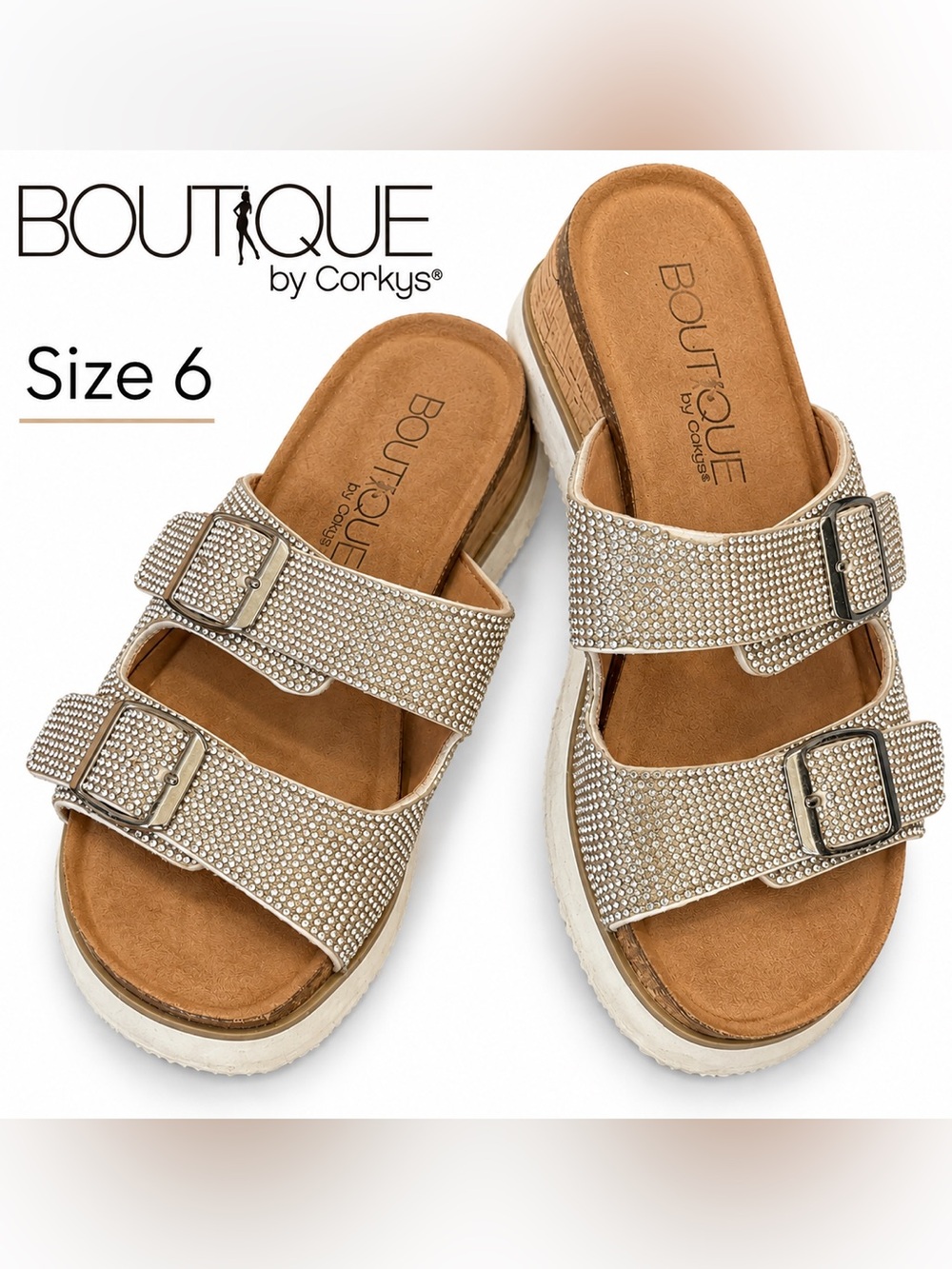 Women's Sparkling Tan Double-Buckle Slide Sandals